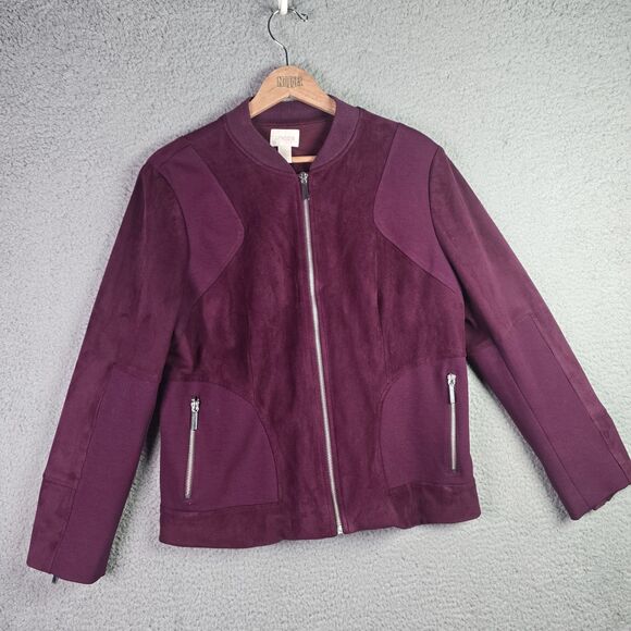 Chicos Purple Faux Suede Mixed Media Moto Jacket Size 2 Zip Pockets Lined - Picture 12 of 13